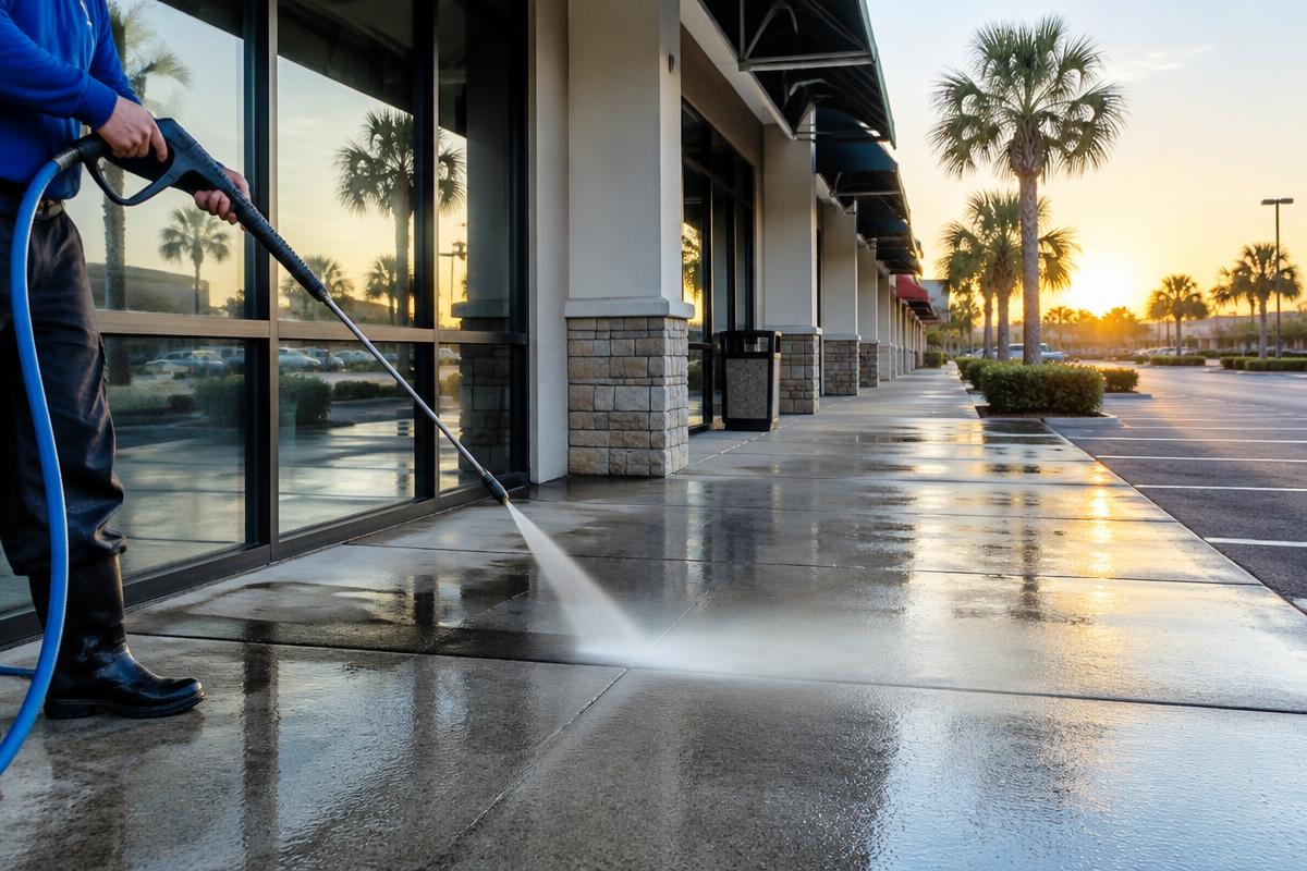 Illustrative image of a commercial sidewalk being pressure washed