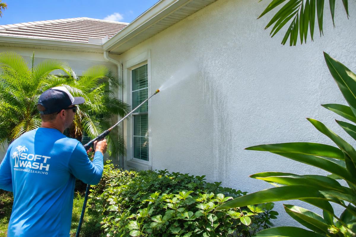 Illustrative image of low-pressure soft washing on a South Florida stucco home